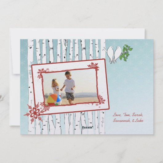 樺の木の木々白い鳥の赤いメリークリスマス シーズンカード (裏面)