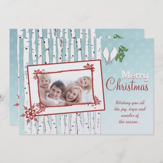 樺の木の木々白い鳥の赤いメリークリスマス シーズンカード (正面/裏面)