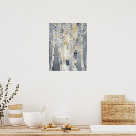 樺の木の木が灰色の背景に表示 ポスター (キッチン)