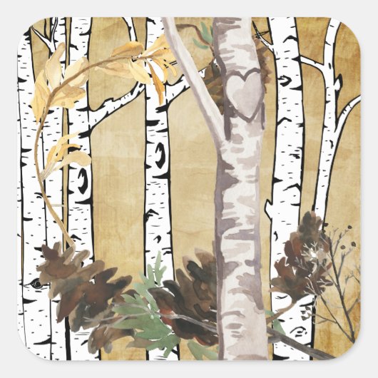 樺の木の木と松の円錐飾り スクエアシール (正面)