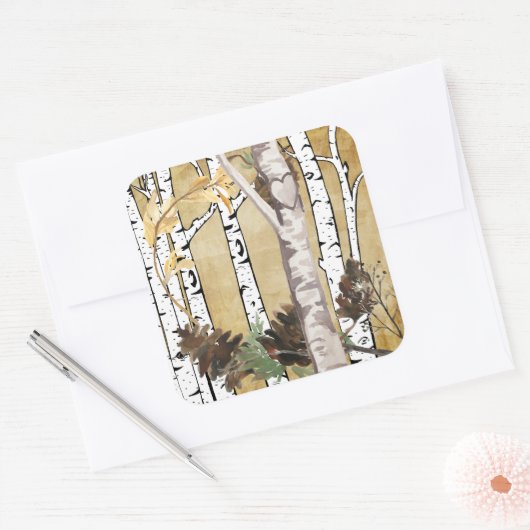 樺の木の木と松の円錐飾り スクエアシール (封筒)