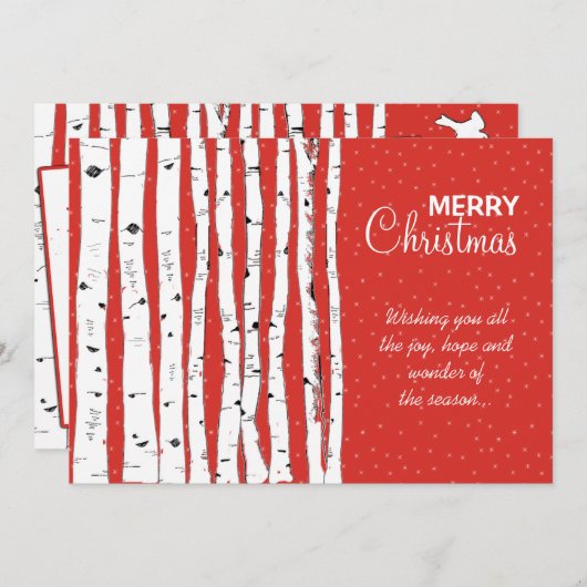 樺の木の木と鳥メリークリスマス シーズンカード (正面/裏面)