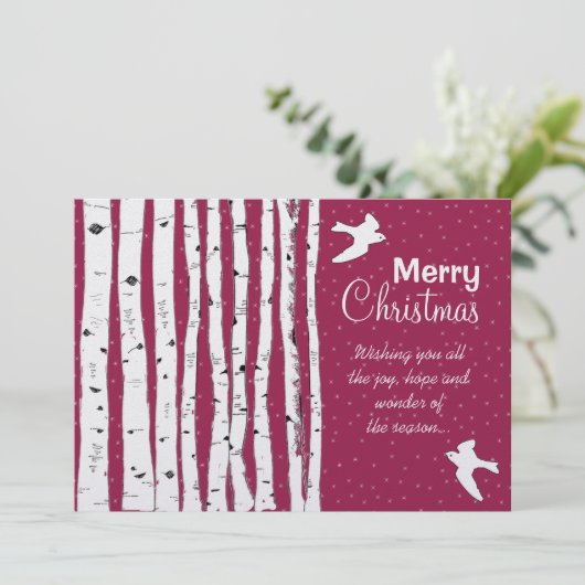 樺の木の木と鳥メリークリスマス シーズンカード (スタンド正面)