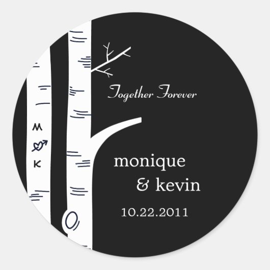 樺の木の木にスティッカー/封筒用シール- Black ラウンドシール (正面)