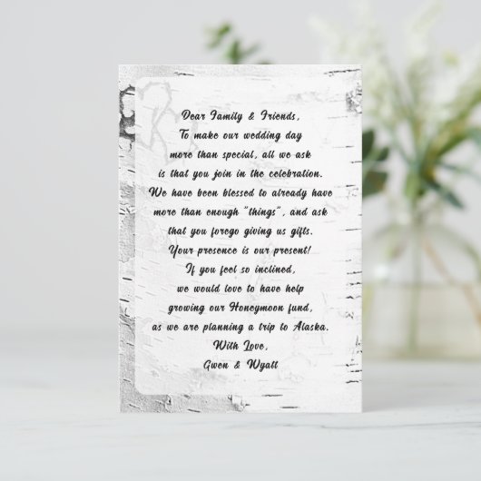 樺の木の木の樹皮を願う言葉の結婚式のカード 招待状 (スタンド正面)