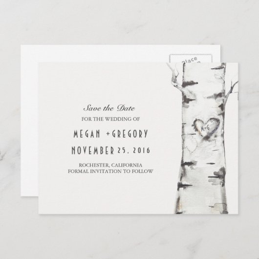 樺の木の木の素朴な木材のハートは、日付を保存 案内ポストカード (正面/裏面)