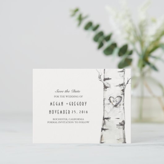 樺の木の木の素朴な木材のハートは、日付を保存 案内ポストカード (スタンド正面)