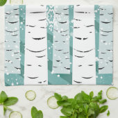 樺の木の木の雪の雪の冬の森ストライプの地 キッチンタオル (折り畳み)