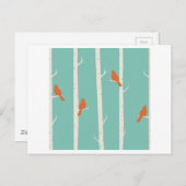 樺の木の木の鳥（水色/緑） ポストカード (正面/裏面)