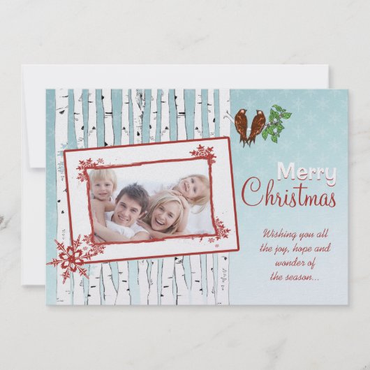 樺の木の木飛んでいると鳥の赤メリークリスマス シーズンカード (正面)