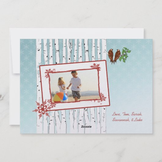 樺の木の木飛んでいると鳥の赤メリークリスマス シーズンカード (裏面)