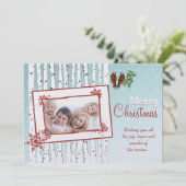 樺の木の木飛んでいると鳥の赤メリークリスマス シーズンカード (スタンド正面)