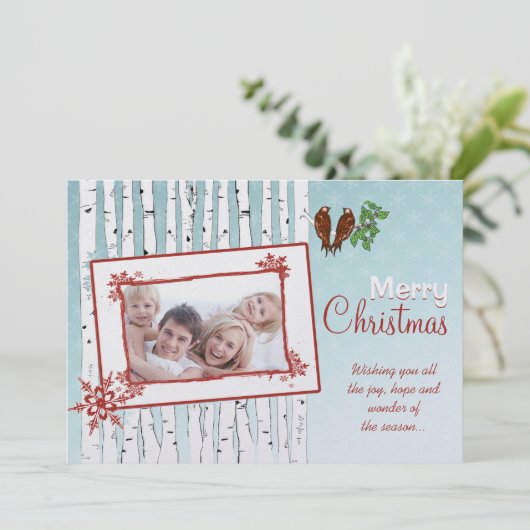 樺の木の木飛んでいると鳥の赤メリークリスマス シーズンカード (スタンド正面)