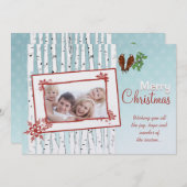 樺の木の木飛んでいると鳥の赤メリークリスマス シーズンカード (正面/裏面)