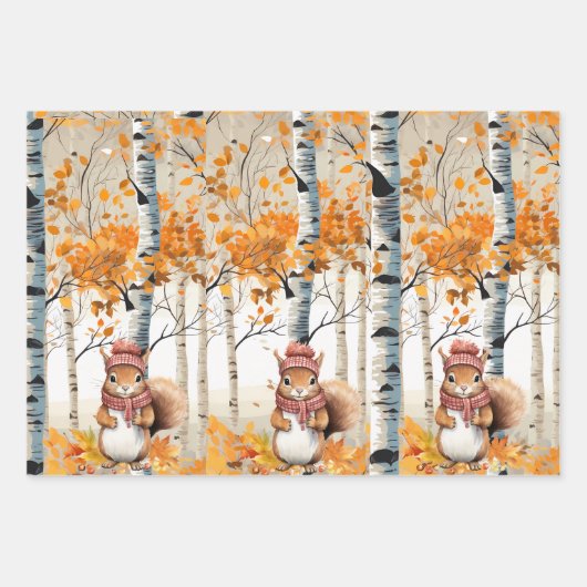 樺の木の木、赤い深紅色とチップムンク ラッピングペーパーシート (正面)