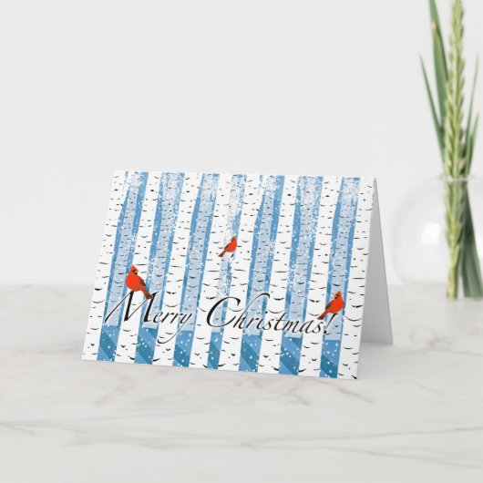樺の木の森と雪の深紅色とクリスマス シーズンカード (正面)