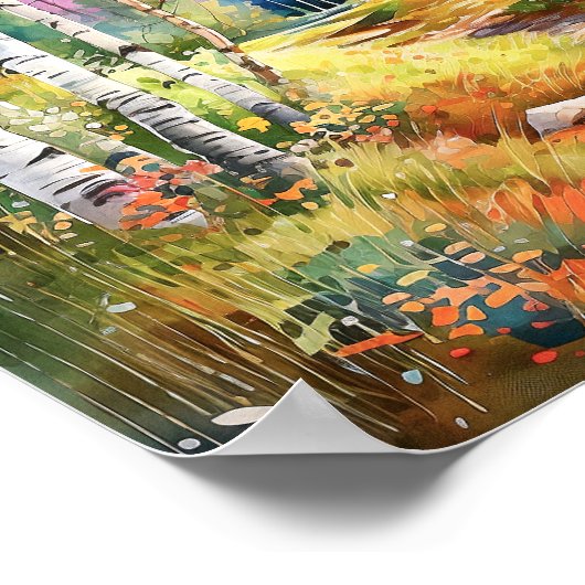 樺の木の森の鮮やかな色絵画のポスター ポスター (角)