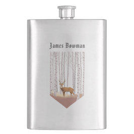 樺の木の森の鹿/パーソナライズされた名前 フラスク
