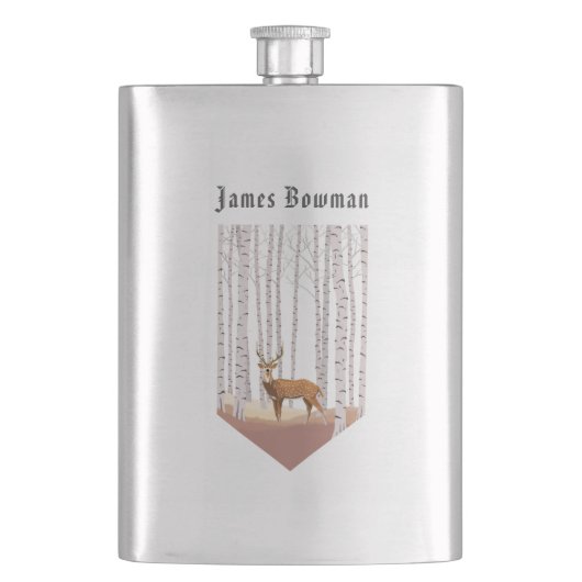 樺の木の森の鹿/パーソナライズされた名前 フラスク (正面)