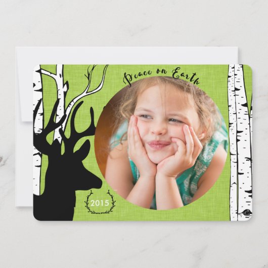 樺の木の森林シカの緑のリネン休日の写真カード シーズンカード (正面)