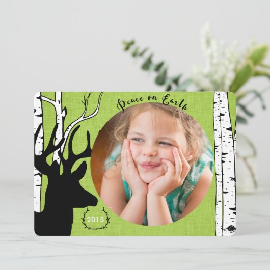 樺の木の森林シカの緑のリネン休日の写真カード シーズンカード (スタンド正面)