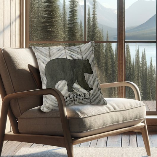 樺の木の森林ロッジのツキノワグマのシェブロンの喜ばしい徴候 クッション