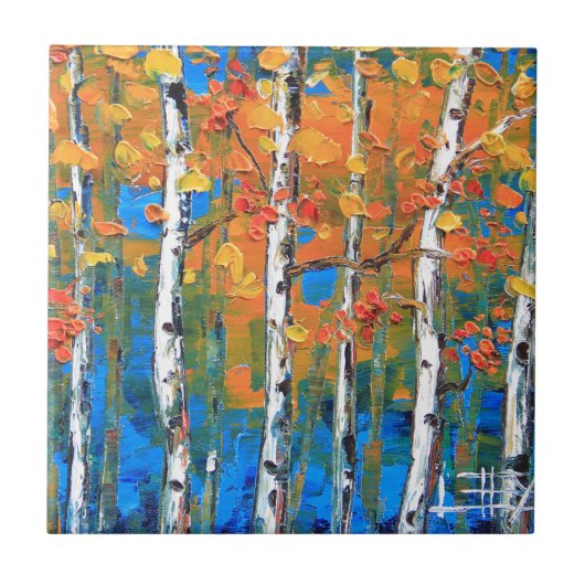 樺の木の絵画、青い樺の木は、織り目加工の芸術下ります タイル (正面)