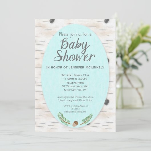 樺の木ウッドランドハンドドローベビーシャワー招待状 招待状 (スタンド正面)