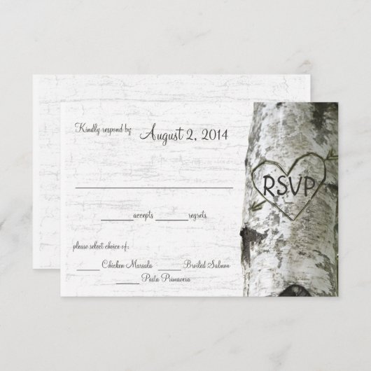 樺の木ツリーと彫りハートRSVP 出欠カード (正面/裏面)