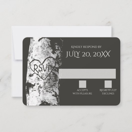 樺の木ツリーと彫りハートRSVP 出欠カード (正面)