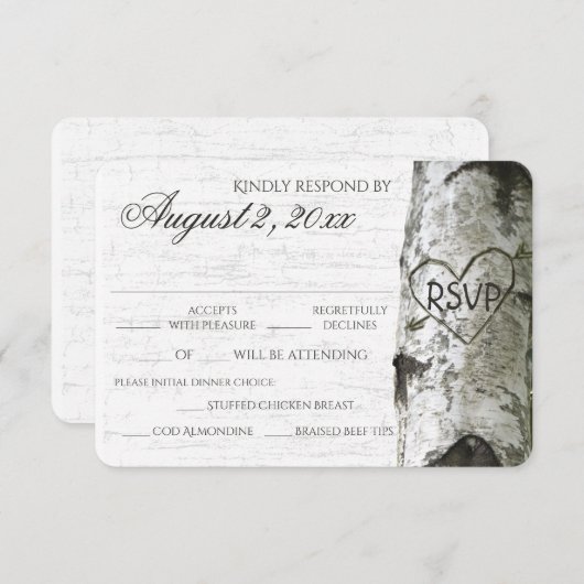 樺の木ツリーと彫りハートRSVP 出欠カード (正面/裏面)