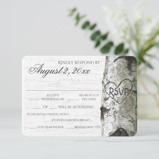 樺の木ツリーと彫りハートRSVP 出欠カード (スタンド正面)