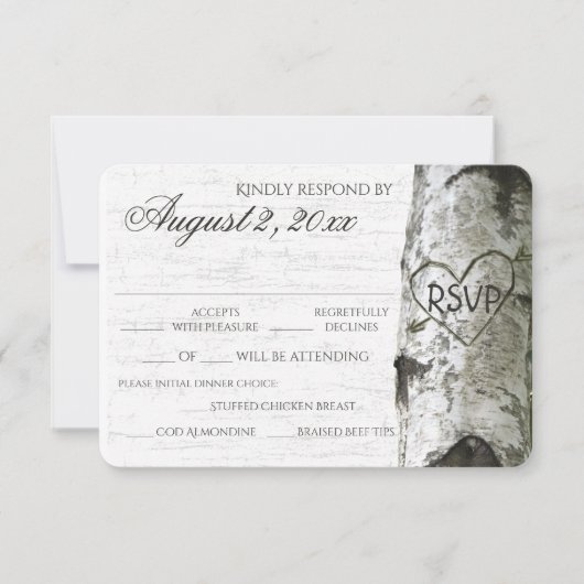 樺の木ツリーと彫りハートRSVP 出欠カード (正面)