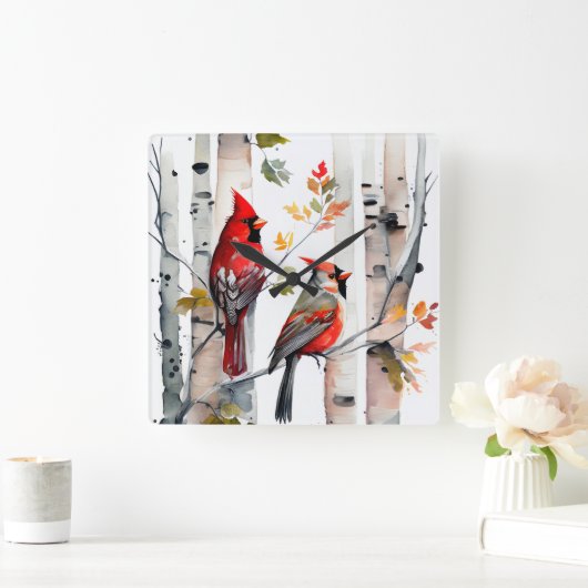 樺の木ツリーと深紅色ウォールクロック スクエア壁時計 (ホーム)