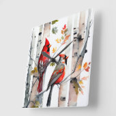 樺の木ツリーと深紅色ウォールクロック スクエア壁時計 (傾斜)