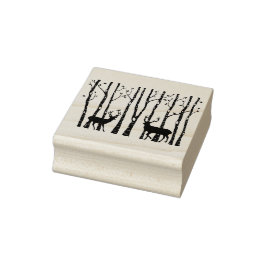 樺の木ツリーの森のクリスマス鹿ウッドアートスタンプ ラバースタンプ