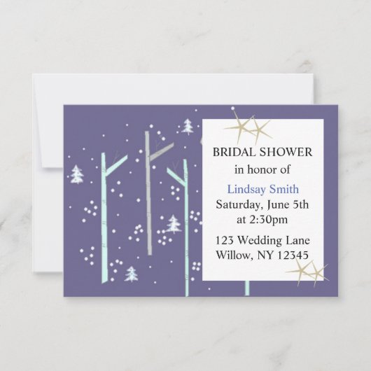 樺の木ツリーズウィンターシーンブライダルシャワー 招待状 (正面)
