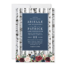 樺の木ツリーズネイビーブルーブルゴーニュ結婚式招待状