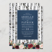 樺の木ツリーズネイビーブルーブルゴーニュ結婚式招待状 招待状 (正面/裏面)