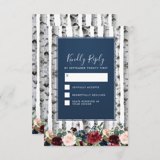 樺の木ツリーネイビーブルーブルガンディーウェディングRSVPカード 出欠カード (正面/裏面)