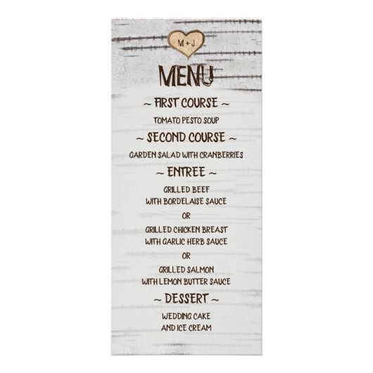 樺の木ツリーハートイニシャル結婚rustic's food menu ラックカード (正面)