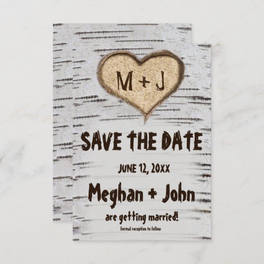 樺の木ツリーハートイニシャルrustic日付を保存 招待状 (正面/裏面)