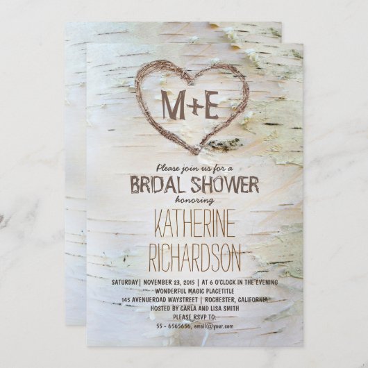 樺の木ツリーハート素朴ブライダルシャワー招待状 招待状 (正面/裏面)