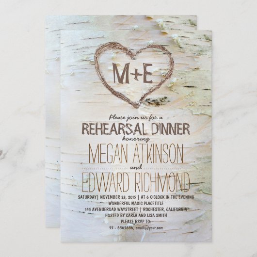 樺の木ツリーハート素朴リハーサル夕食招待状 招待状 (正面/裏面)