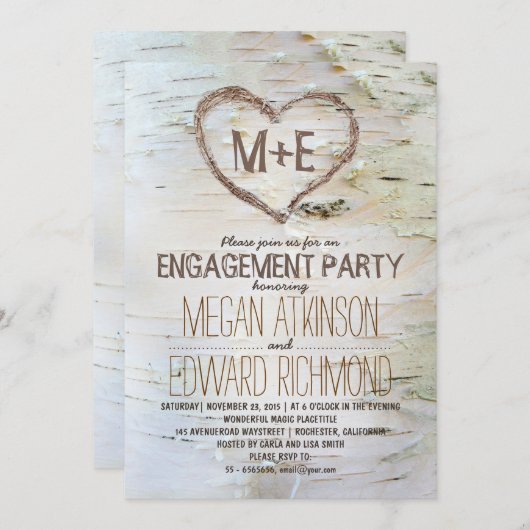 樺の木ツリーハート素朴婚約パーティ招待状 招待状 (正面/裏面)