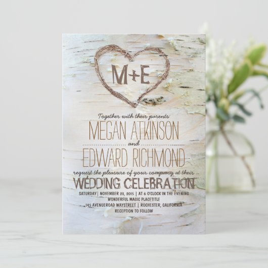 樺の木ツリーハート素朴秋の結婚式 招待状 (スタンド正面)