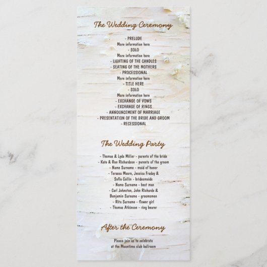 樺の木ツリーハート素朴結婚式 プログラム (裏面)