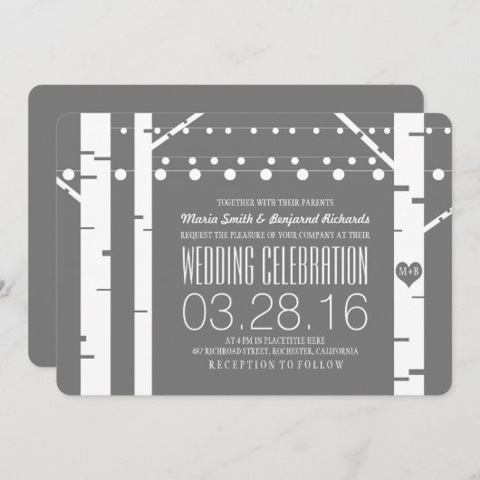 樺の木ツリーハート&ストリングライツウェディングキッズ 招待状 (正面/裏面)