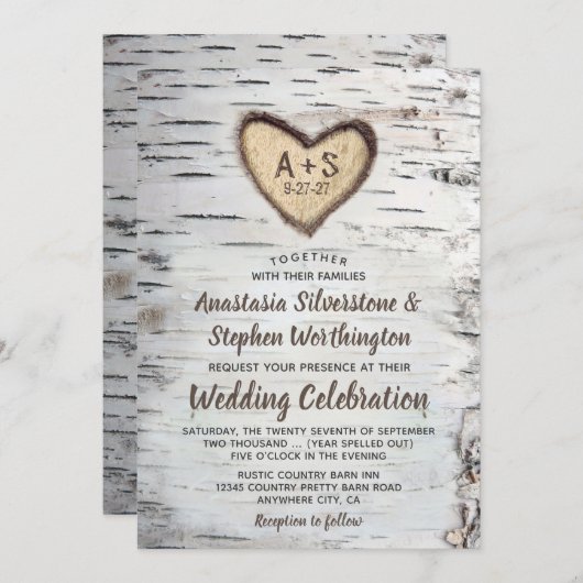 樺の木ツリーバークカントリー素朴ウェディング招待状 招待状 (正面/裏面)