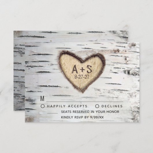 樺の木ツリーバークカントリー素朴ウェディングRSVPカード 出欠カード (正面/裏面)